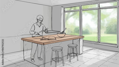 Sketch of a person preparing food at a kitchen island with stools and large windows.