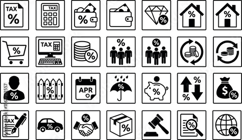 Tax and Percentage Icon Set with Financial Interest Calculator Wallet Diamond Real Estate Piggy Bank Money and Insurance