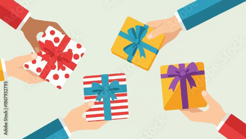 Hands exchanging gift boxes with colorful ribbons and bows.