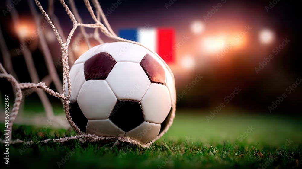 Fototapeta premium Soccer ball in goal net with French flag in background at night