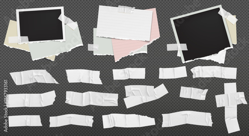 White duct tape for photo collage. Bright scotch tape for the paper. Collage notebook paper pieces, paper clip and stickers and torn paper. Vector elements. 