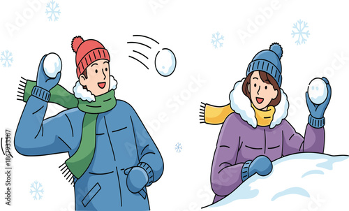 Winter, snowball, fight, playful, kids, outdoor, activity, snow, fun, cold, season, beanie, scarf, coat, game, childhood, joy, motion, snowflakes, mound