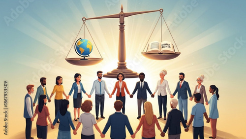 Diverse group of people standing together holding hands around a scale balancing a book and the Earth