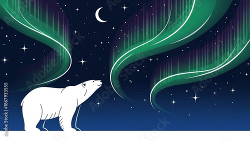 A polar bear gazes up at the aurora borealis on a starry night sky