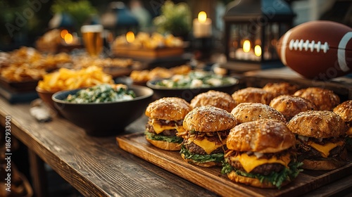 Outdoor Rustic Cheeseburger and Snack Table for Tailgating Sports Event