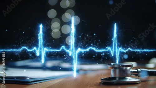 Abstract digital representation of a heartbeat pulse with medical instruments on a table