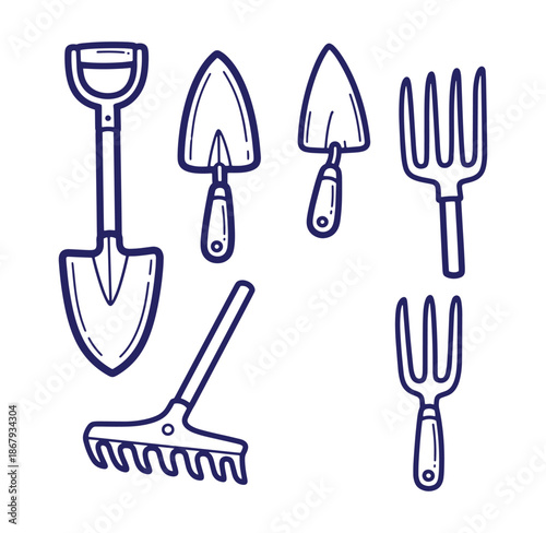 Hand drawn set of gardening tools in simple outline vector design on white background