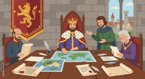 King and Royal Advisors
A flat vector illustration of a king seated at a table with royal advisors discussing matters of the kingdom. Maps and scrolls on the table. 