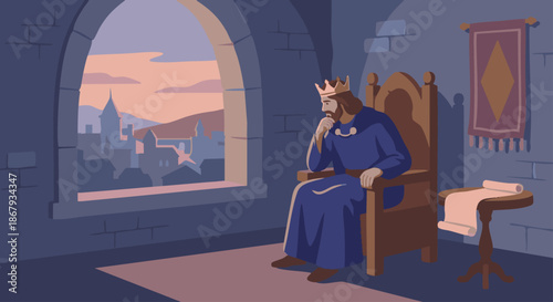  King in Thoughtful Moment
A flat vector illustration of a king sitting alone, thoughtfully holding his chin or looking out a window. Simple palace interior.