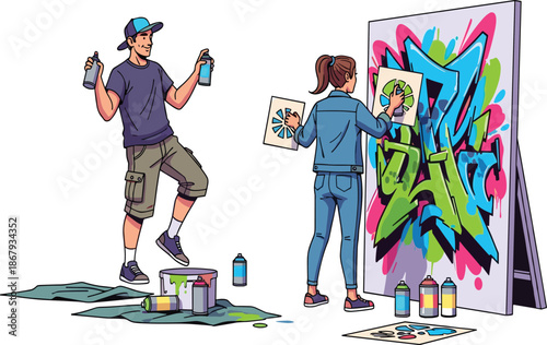 Young artists creating colorful graffiti street art with spray paint cans, modern urban creativity, wall painting, artistic expression, contemporary illustration design
