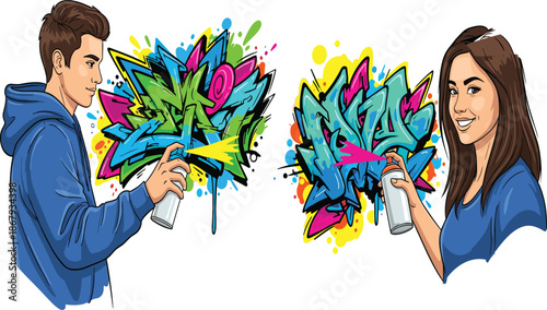 Young artists creating colorful graffiti street art with spray paint, urban culture, creative expression, modern design, hip hop style, wall painting