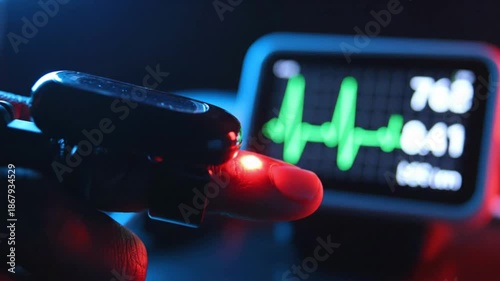 Close up of a finger with a medical device and a display showing vital signs and readings