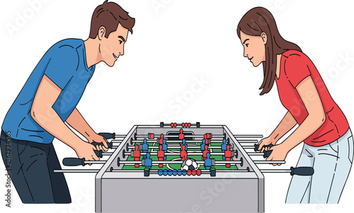 Young man and woman playing foosball game, indoor fun activity, table soccer, competitive match, sports entertainment, friends leisure, casual competition