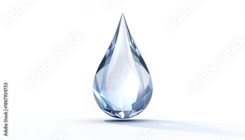 A clear, faceted water droplet suspended against a white background