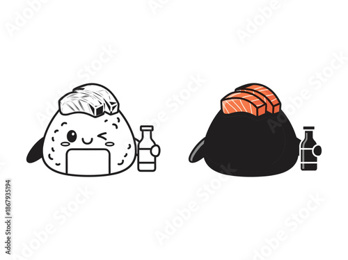 Cute cartoon sushi characters with bottles