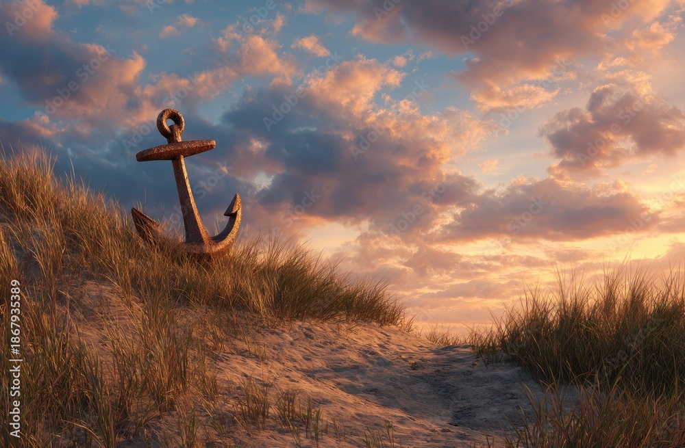 Fototapeta premium Rustic Anchor Resting on Grassy Beach Dune Under Cloudy Sky