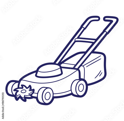 Simple line art illustration of a lawn mower for gardening and outdoor maintenance