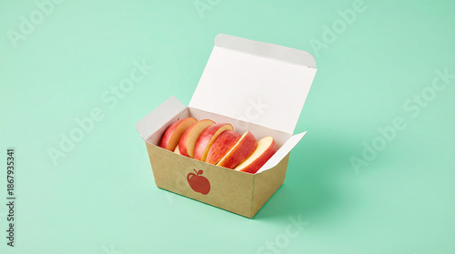 Sliced red apples in an open cardboard box with an apple logo on a mint green background.