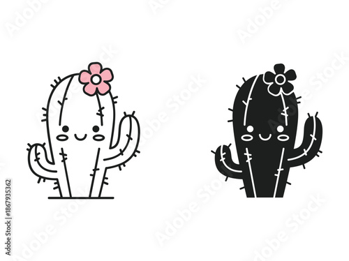 Cute cartoon cacti with smiling faces and flowers