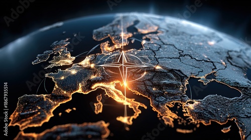 Digital Realistic Earth Globe Europe Night Lights with Alliance Symbol
