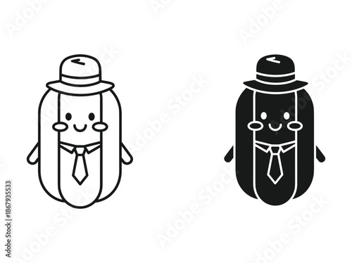 Cartoon hotdog characters with hats and ties