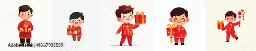 vector of a little boy standing holding a Chinese New Year gift