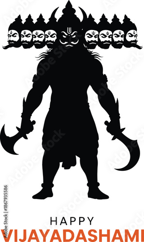 Happy Vijayadashami vector illustration featuring ten headed Ravana silhouette with swords and bold festive holiday typography.