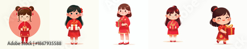 vector of a little girl standing holding a Chinese New Year gift