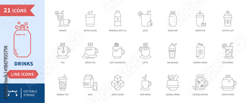 Drinks line icon set editable stroke. Beverage water coffee tea juice milk smoothie energy drink icons for cafe menu, restaurant, food app, and UI design
