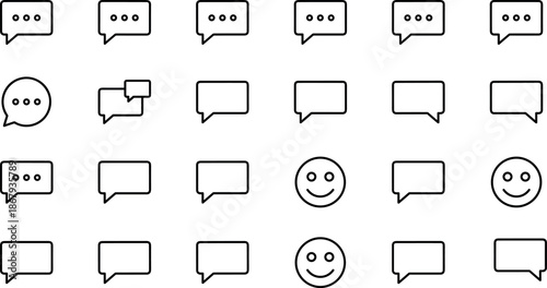 Vector set of chat bubble icons, speech symbols, message boxes, communication signs, discussion elements, and social media notifications,