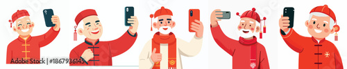 vector half body of grandfather standing happily taking selfie photo during Chinese New Year
