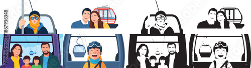 People riding gondolas in snowy mountains