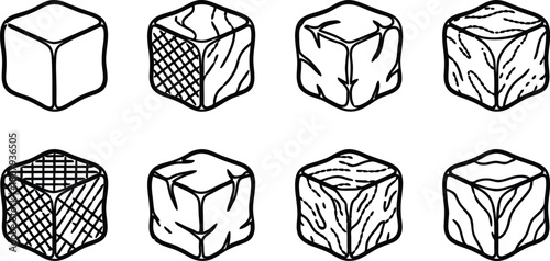 Eight ice cubes in various textures and patterns for design and illustration purposes