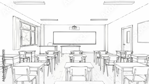 Empty Classroom Interior Sketch with Desks and Whiteboard.