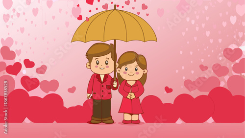 Couple sharing a romantic moment under a yellow umbrella on a lovely rainy day with hearts