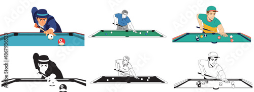 Billiards game with players and pool balls