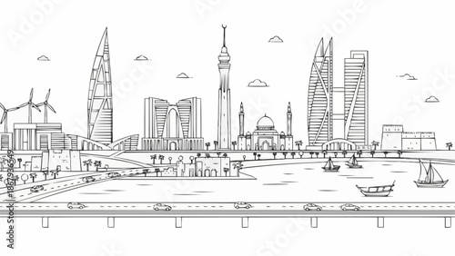 Modern City Skyline with Tall Buildings and Wind Turbines.