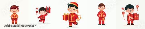 vector of a little boy standing holding a Chinese New Year gift