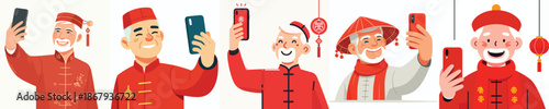 vector half body of grandfather standing happily taking selfie photo during Chinese New Year