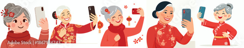 vector half body of grandmother standing happily taking selfie photo during Chinese New Year