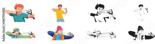 Kids using slingshots outdoors, action poses