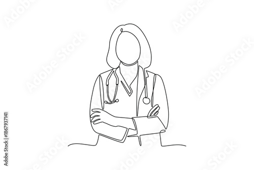 a female doctor posing. National Doctor Day Concept. Single line draw design. Vector graphic illustration