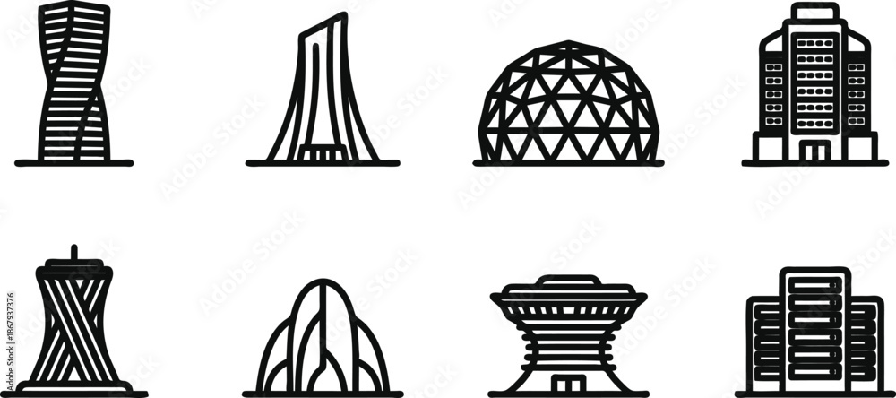 Fototapeta premium Set of modern city buildings and skyscrapers in various architectural styles and designs urban landscape elements