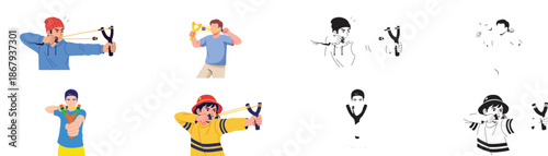 People using slingshots outdoors, playful activity