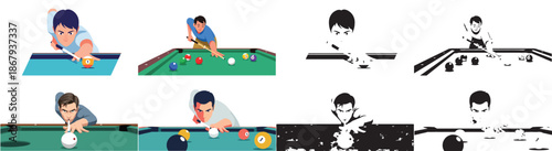 Billiards game with focused player and skull elements