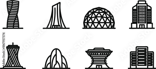 Set of modern city buildings and skyscrapers in various architectural styles and designs  urban landscape elements