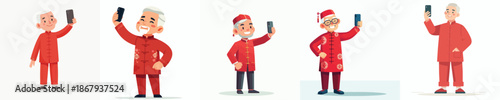vector grandfather standing happily taking selfie photo during Chinese New Year