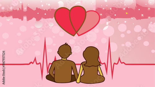 Loving couple sitting together with hearts above them romantically