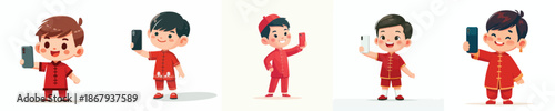 vector little boy standing happily taking selfie photo during Chinese New Year