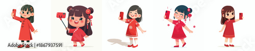 vector little boy standing happily taking selfie photo during Chinese New Year